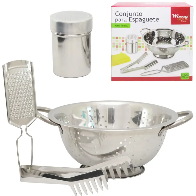 CONJUNTO DE ESPAGUETE COM ESCORREDOR + QUEIJEIRA + PEGADOR E RALADOR DE INOX 4 PECAS
