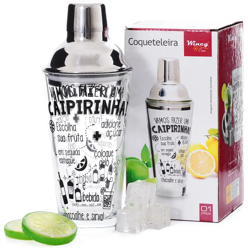 COQUETELEIRA SHAKEIRA DE VIDRO COM TAMPA DE INOX 400ML NA CAIXA