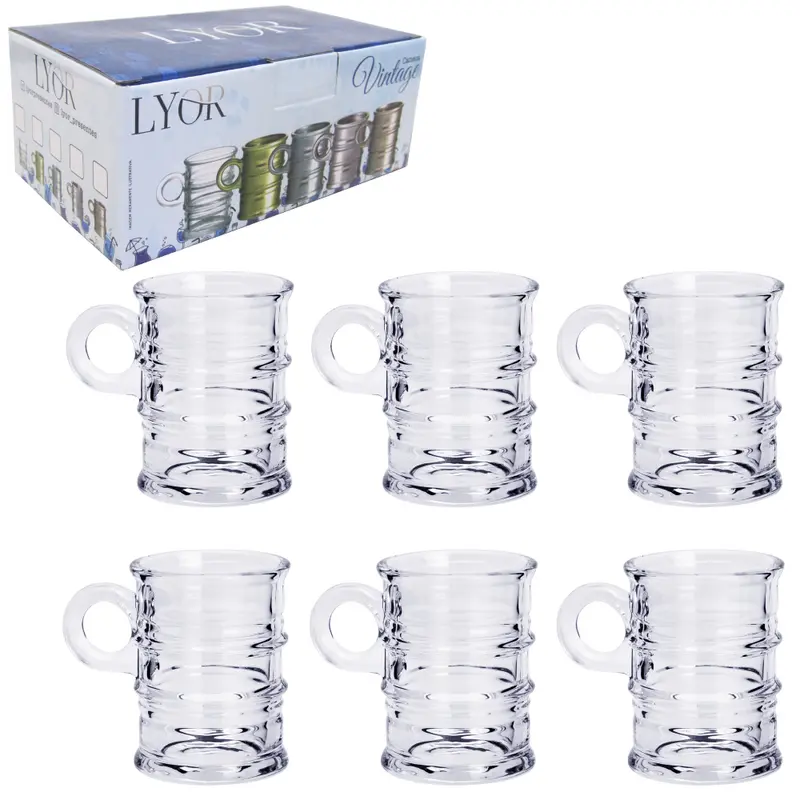JOGO DE CANECA XICARA DE VIDRO PARA CAFE / CAPPUCCINO VINTAGE COM 6 PECAS 95ML NA CAIXA