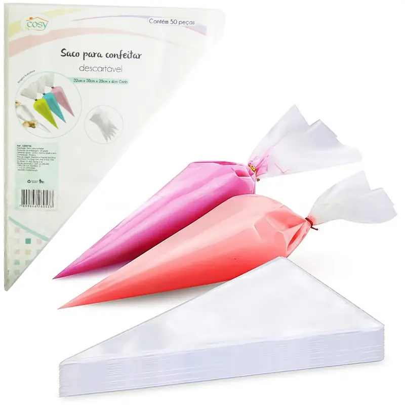 DECORADOR DE BOLO SACO DE PLASTICO PARA CONFEITAR COM 50 PECAS 32X20CM