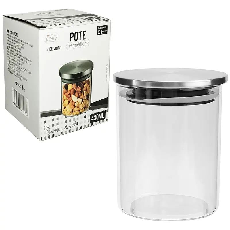 POTE DE VIDRO BOROSSILICATO LISO REDONDO COM TAMPA HERMETICA DE METAL 430ML