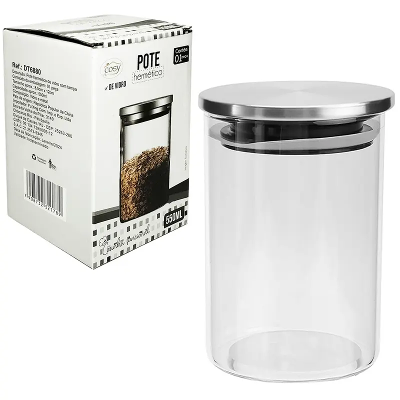 POTE DE VIDRO BOROSSILICATO LISO REDONDO COM TAMPA HERMETICA DE METAL 550ML