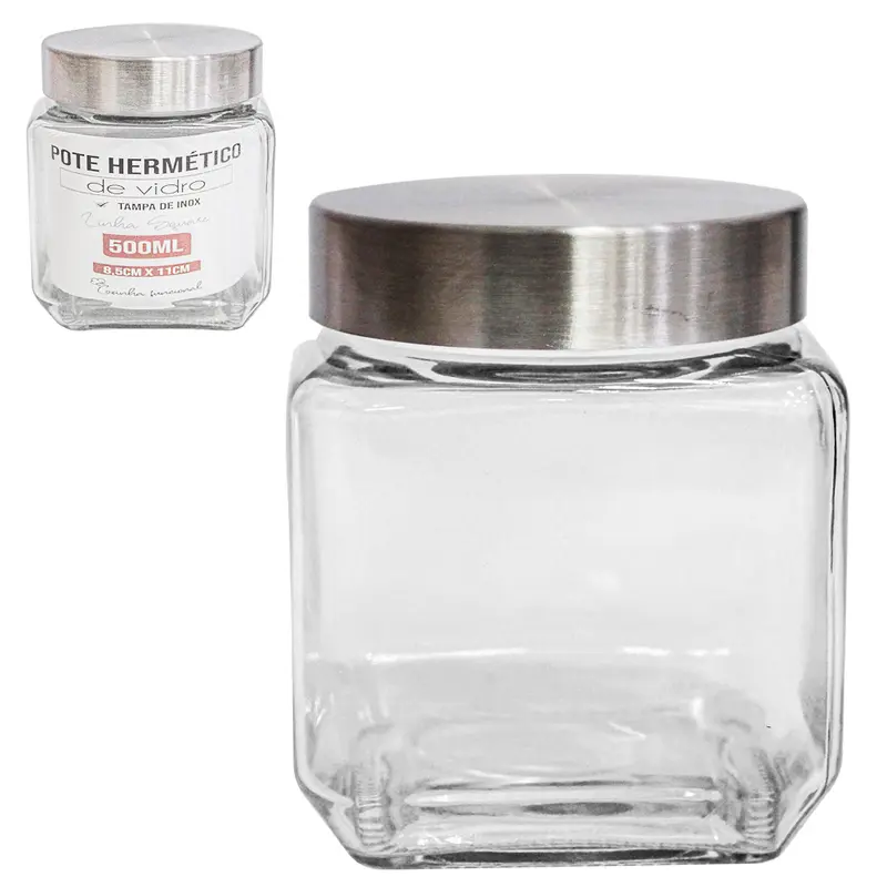 POTE DE VIDRO QUADRADO LISO COM TAMPA DE INOX 500ML