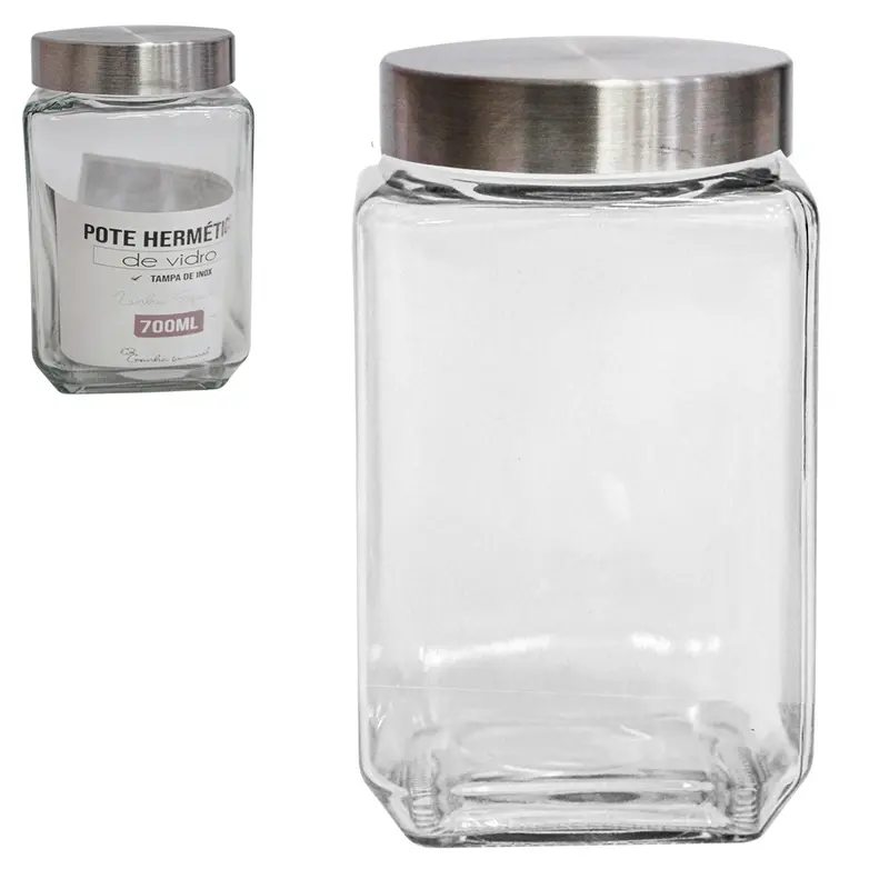POTE DE VIDRO QUADRADO LISO COM TAMPA DE INOX 700ML