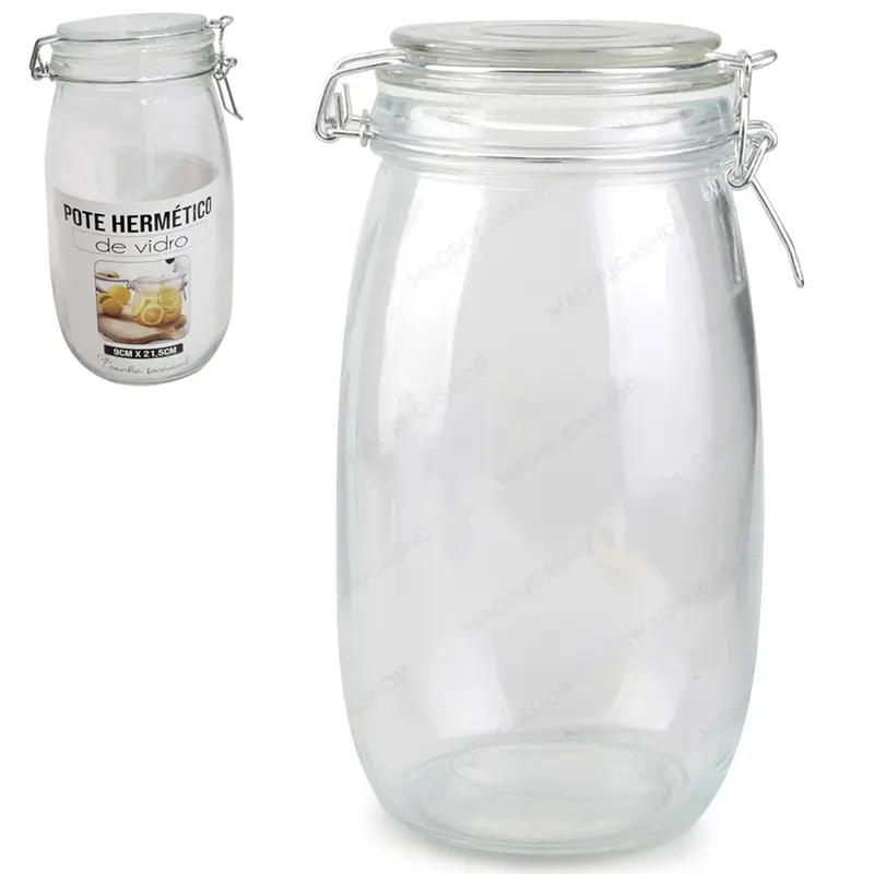 POTE DE VIDRO REDONDO COM TAMPA HERMETICA DE VIDRO E FECHO 1,5L