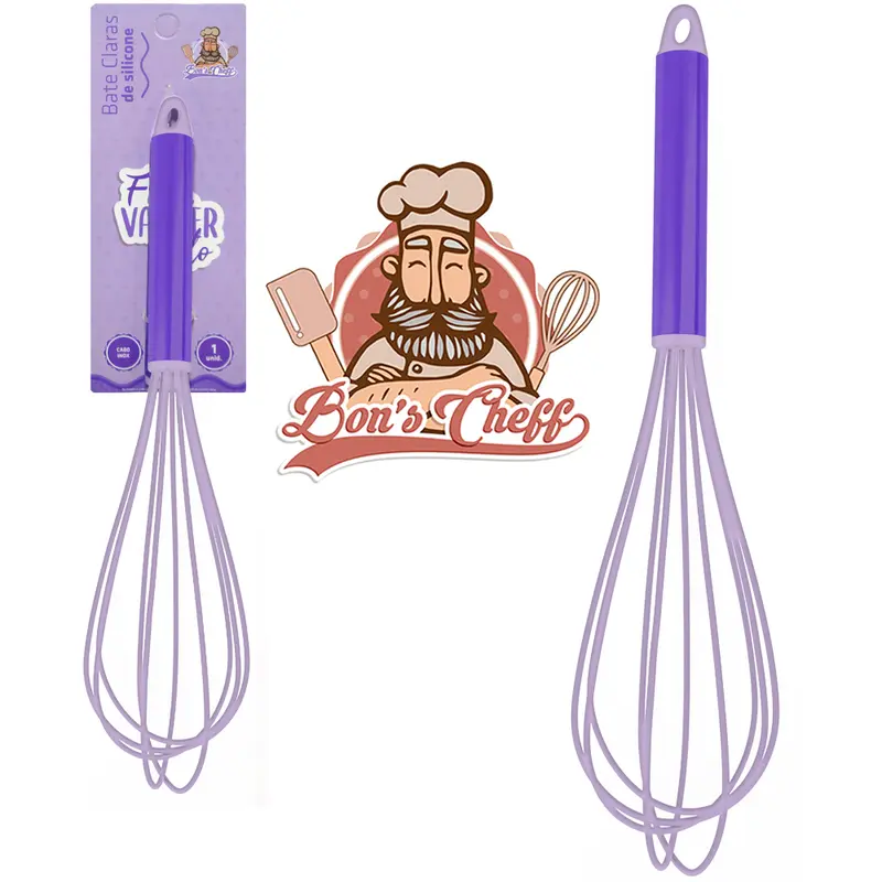 BATEDOR DE CLARA FOUET MANUAL DE SILICONE ROXO CABO INOX BONS CHEFF 29,5X7CM