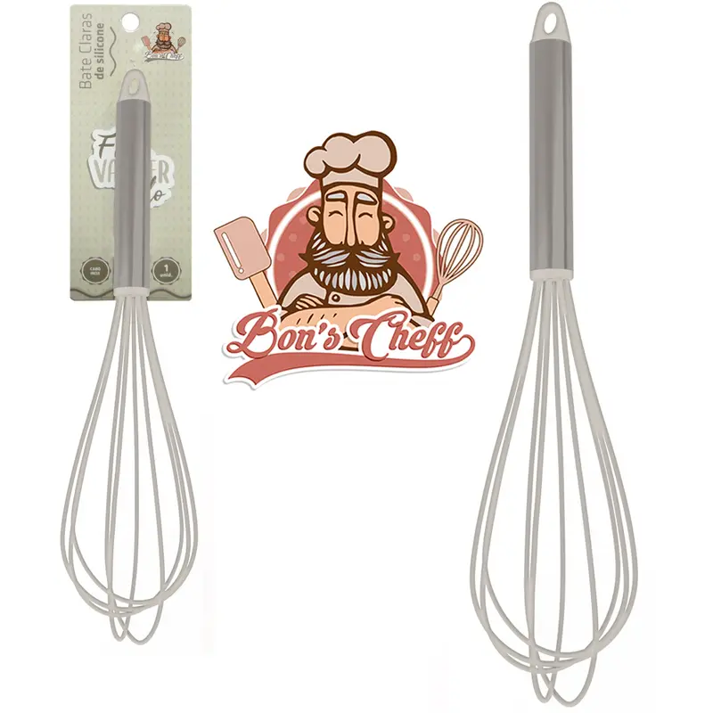 BATEDOR DE CLARA FOUET MANUAL DE SILICONE CINZA CABO INOX BONS CHEFF 29,5X7CM
