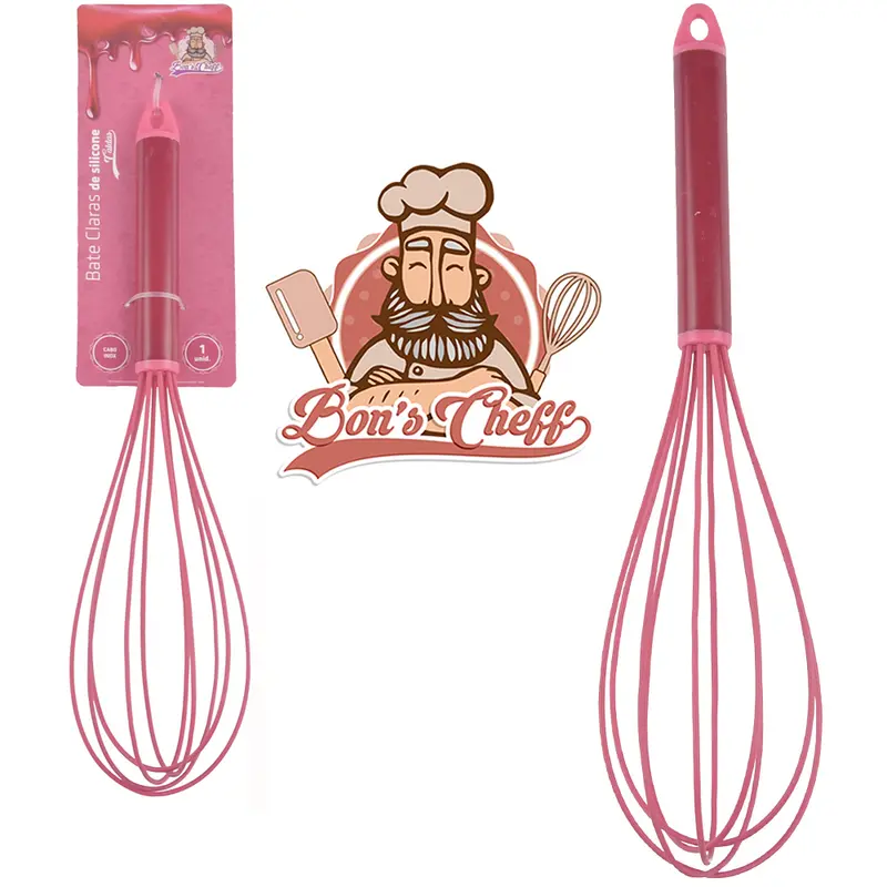 BATEDOR DE CLARA FOUET MANUAL DE SILICONE CALDAS CEREJA CABO INOX BONS CHEFF 29,5X7CM
