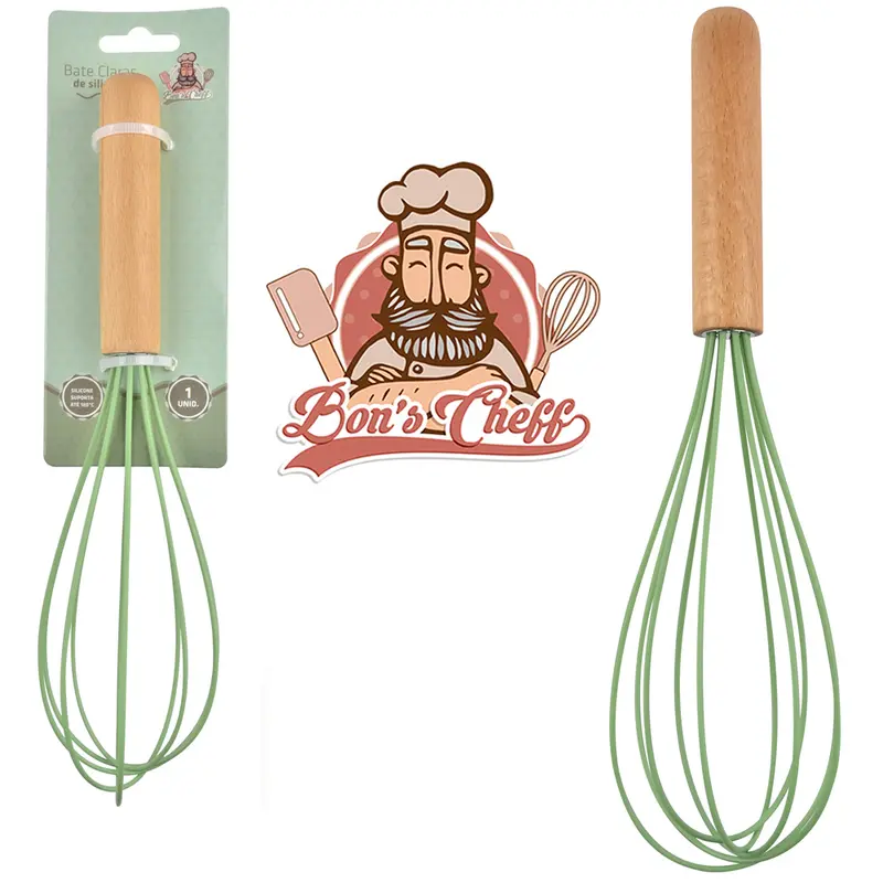 BATEDOR DE CLARA FOUET MANUAL DE SILICONE VERDE CABO MADEIRA BONS CHEFF 26X7CM