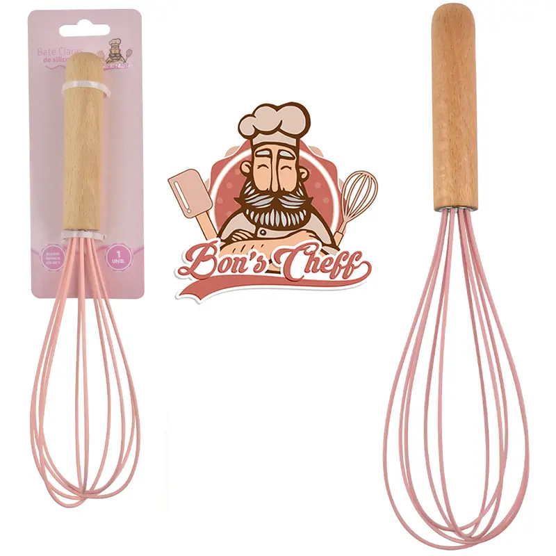 BATEDOR DE CLARA FOUET MANUAL DE SILICONE ROSA CABO MADEIRA BONS CHEFF 26X7CM
