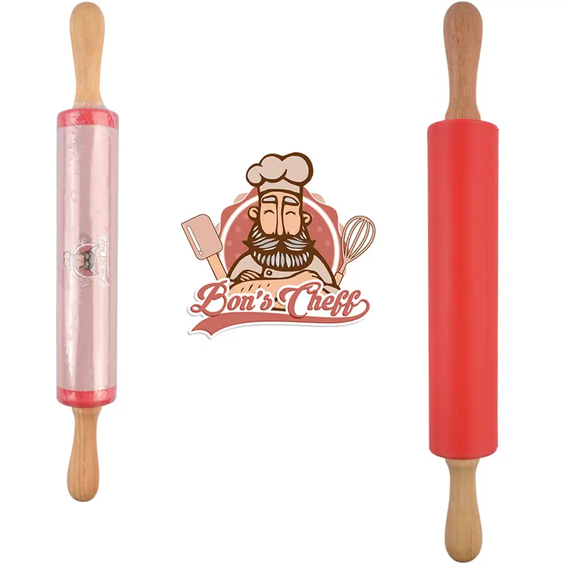 ROLO PARA MASSA DE SILICONE VERMELHO CABO MADEIRA BONS CHEFF 42X5,2CM DE Ø