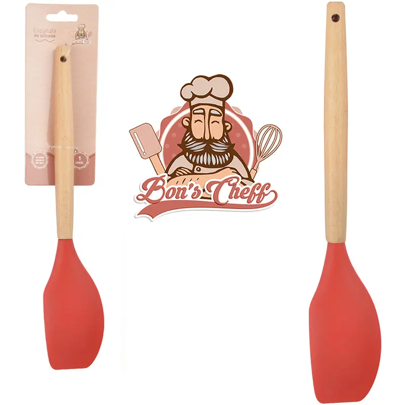 ESPATULA DE PAO DURO DE SILICONE VERMELHO CABO MADEIRA BONS CHEFF 31X6CM