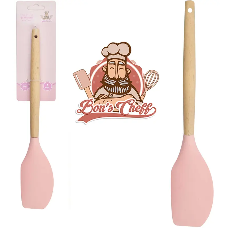ESPATULA DE PAO DURO DE SILICONE ROSA CABO MADEIRA BONS CHEFF 31X6CM