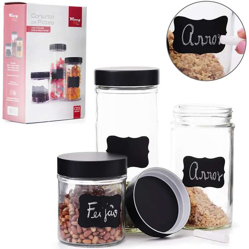 CONJUNTO DE POTE DE VIDRO REDONDO COM TAMPA DE METAL BLACK + ADESIVO / ETIQUETA LOUSA 3 PECAS NA CAIXA