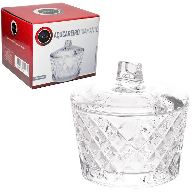 ACUCAREIRO / PORTA CONDIMENTO DE VIDRO CRISTAL DIAMANTE COM TAMPA 300ML NA CAIXA