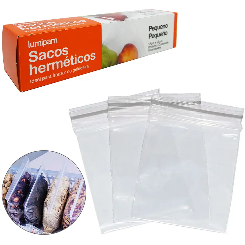 SACO HERMETICO PARA MANTIMENTOS ZIP LOCK COM 10 PECAS 23X18CM NA CAIXA