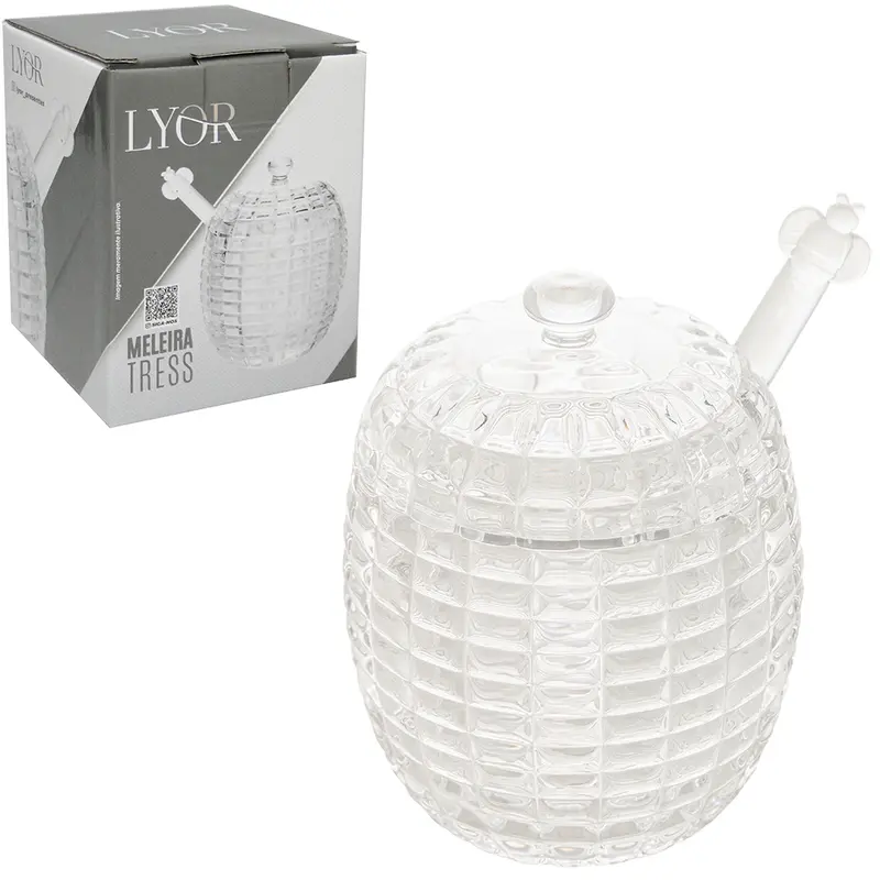 PORTA MEL / MELEIRA DE VIDRO CRISTAL TRESS COM TAMPA + PEGADOR DE ACRILICO 210ML 11X8CM DE Ø NA CAIXA