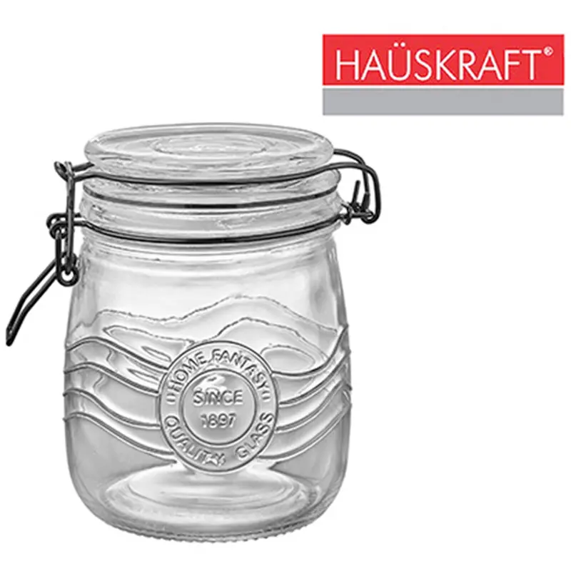 POTE DE VIDRO REDONDO HOME FANTASY COM TAMPA HERMETICA DE VIDRO E FECHO BLACK HAUSKRAFT 620ML