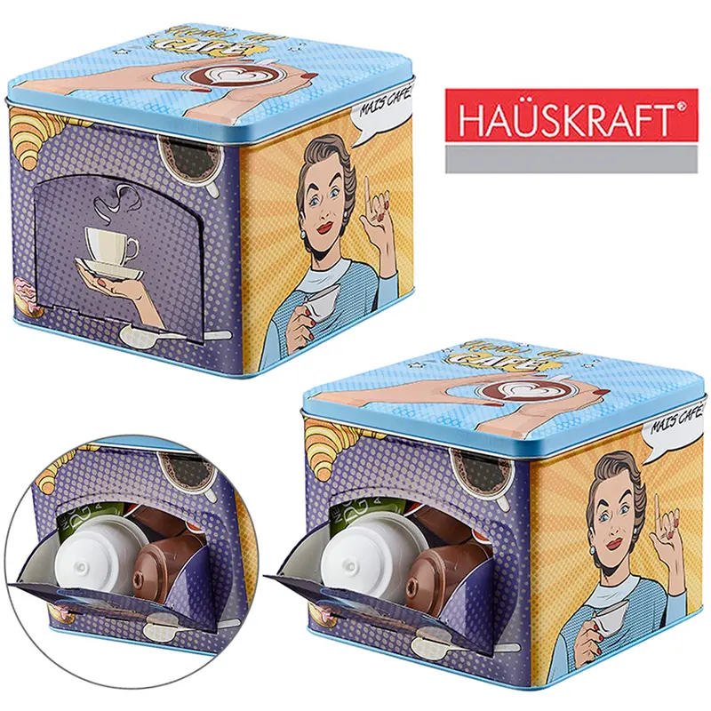 PORTA CAPSULAS DE CAFE DE METAL QUADRADO COM JANELA ESTAMPADO HAUSKRAFT 14,5X13CM