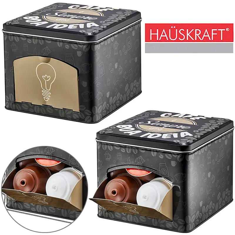 PORTA CAPSULAS DE CAFE DE LATA QUADRADO COM JANELA ESTAMPADO HAUSKRAFT 14,5X13CM