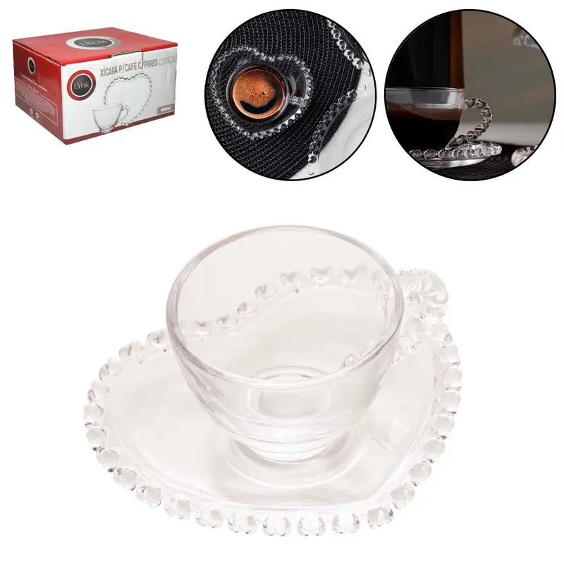 XICARA DE VIDRO CRISTAL COM PIRES CORACAO PARA CAFE PEROLA 80ML