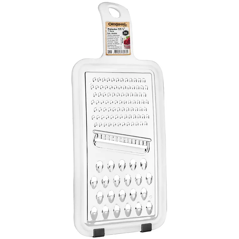 RALADOR DE INOX 1 FACE COM PEGADOR DE PLASTICO BRANCO 11½'' 29,7X12CM