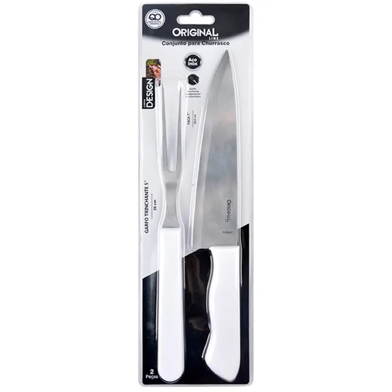 CONJUNTO DE FACA DE CHURRASCO 7'' + GARFO 5'' DE INOX CABO PLASTICO BRANCO COOK