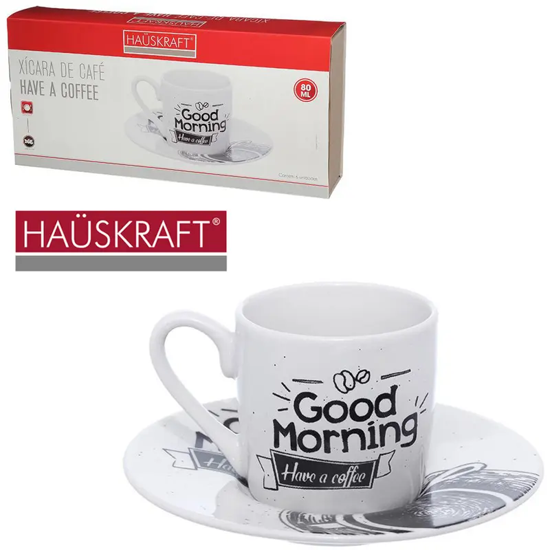 JOGO DE XICARA DE PORCELANA COM PIRES PARA CAFE GOOD MORNING HAVE A COFFEE HAUSKRAFT 12 PECAS 80ML