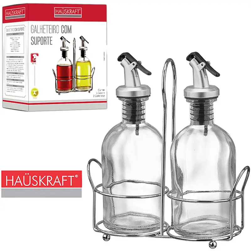 GALHETEIRO DE VIDRO COM 2 PECAS 250ML + SUPORTE ARAMADO HAUSKRAFT NA CAIXA