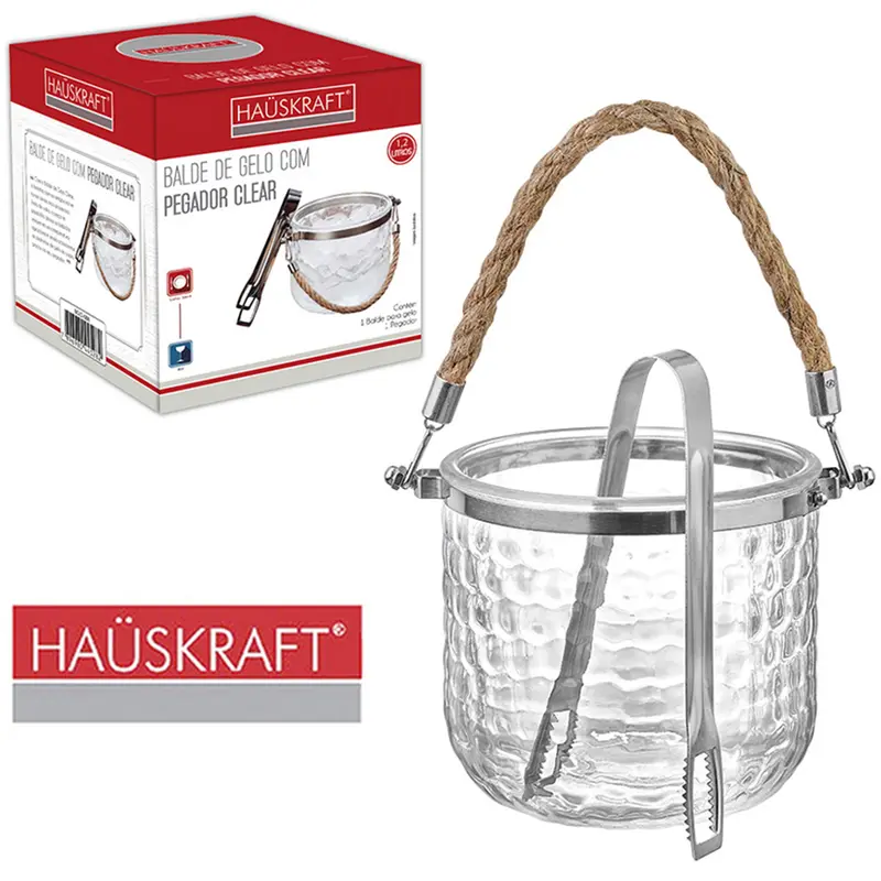 BALDE DE GELO DE VIDRO REDONDO COM ALCA CORDA E PEGADOR DE INOX CLEAR HAUSKRAFT 1,2L
