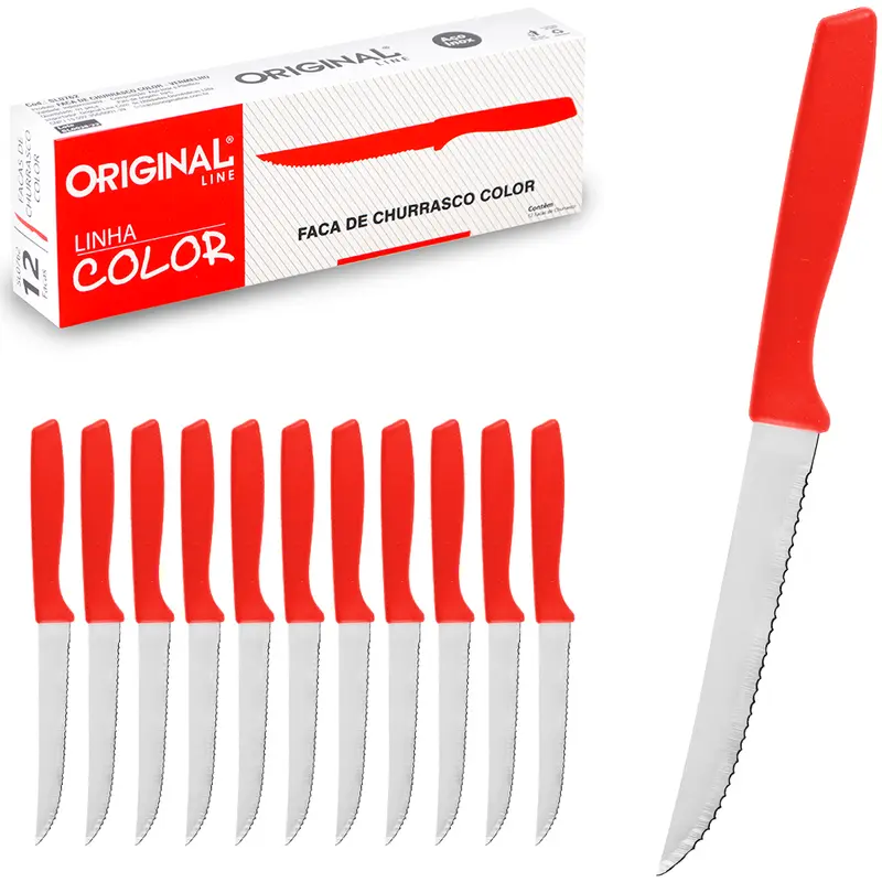 FACA DE CHURRASCO DE INOX 4,5'' CABO PLASTICO VERMELHO COLOR COM 12 PECAS
