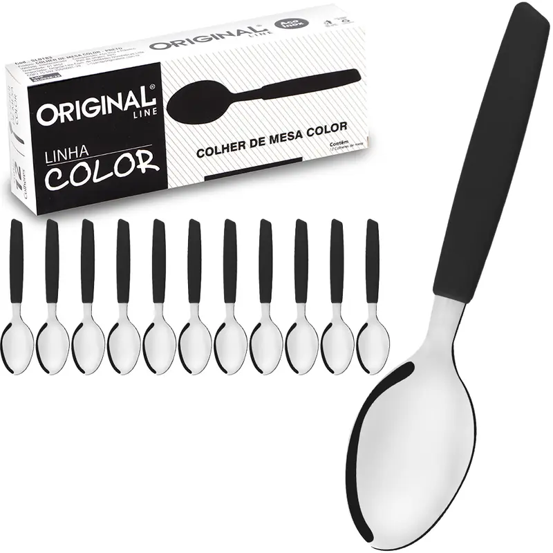 COLHER DE MESA DE INOX CABO PLASTICO PRETO COLOR COM 12 PECAS 19CM