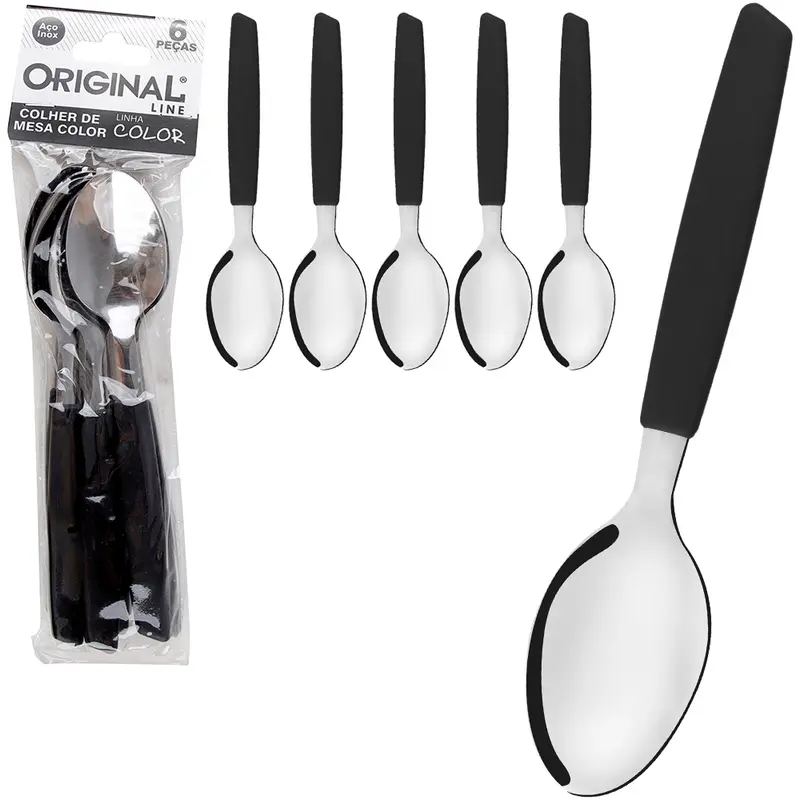 COLHER DE MESA DE INOX CABO PLASTICO PRETO COLOR COM 6 PECAS 19CM