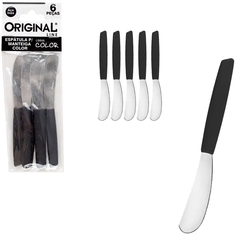 ESPATULA PATE / MANTEIGA DE INOX CABO PLASTICO PRETO COLOR COM 6 PECAS 14CM