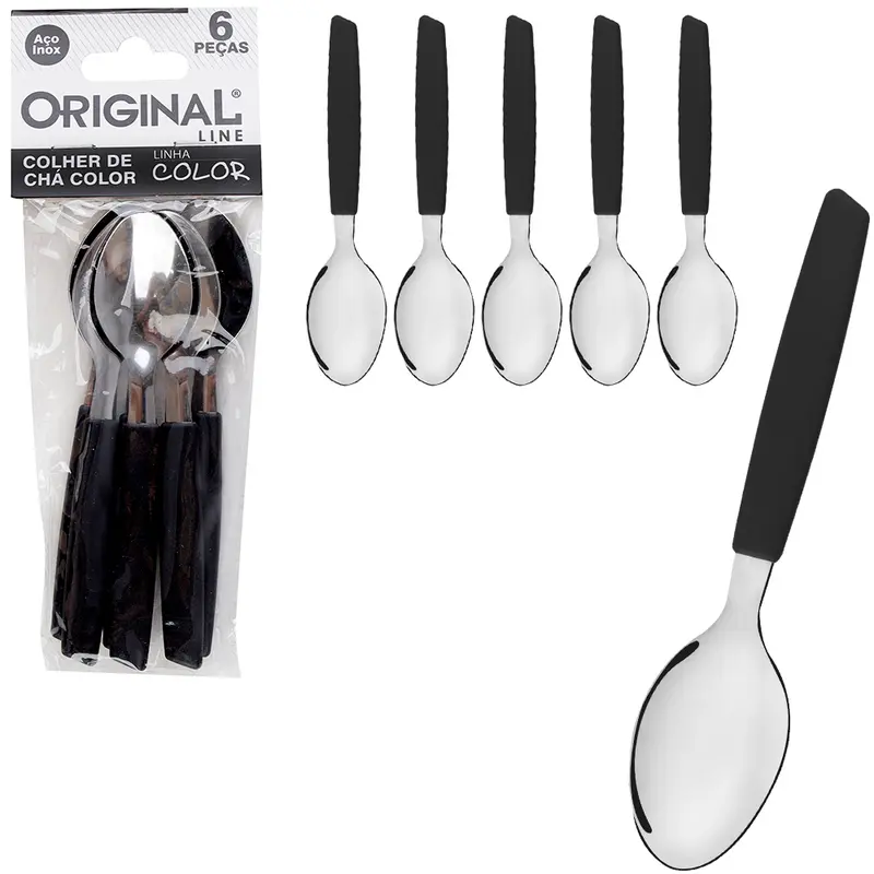 COLHER DE CHA DE INOX CABO PLASTICO PRETO COLOR COM 6 PECAS 13,5CM