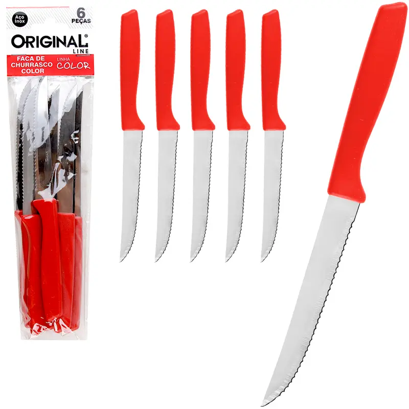 FACA DE CHURRASCO DE INOX 4,5'' CABO PLASTICO VERMELHO COLOR COM 6 PECAS