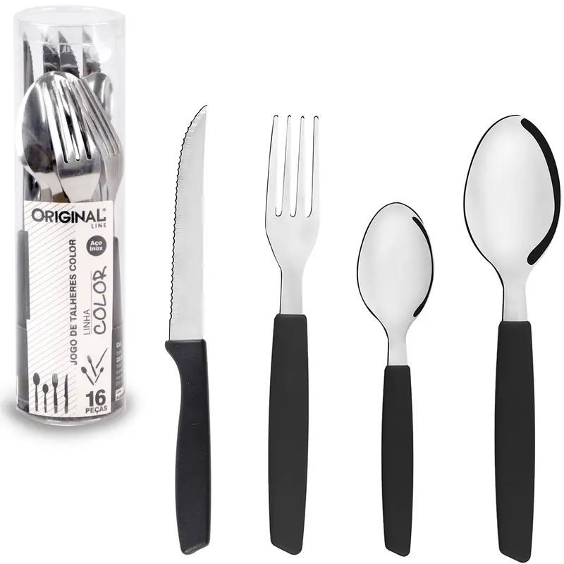 CONJUNTO DE TALHERES / FAQUEIRO DE INOX COM 16 PECAS CABO PLASTICO PRETO COLOR NO TUBO