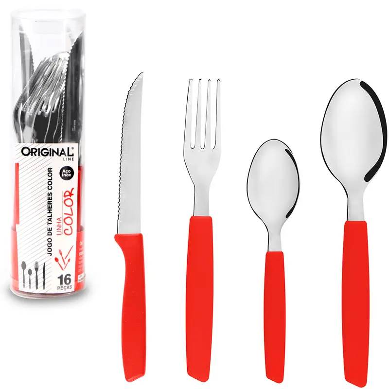 CONJUNTO DE TALHERES / FAQUEIRO DE INOX COM 16 PECAS CABO PLASTICO VERMELHO COLOR NO TUBO