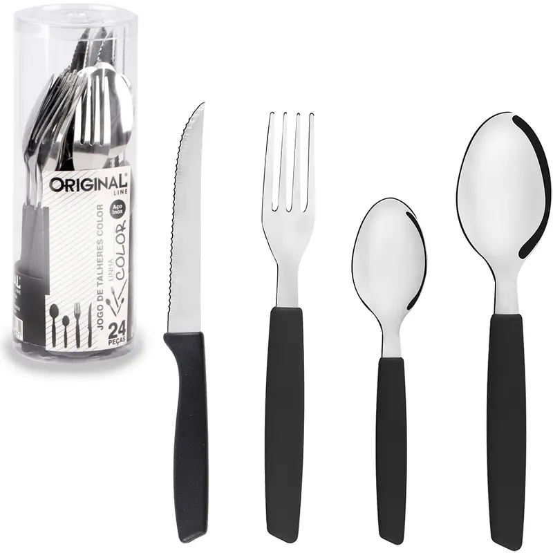 CONJUNTO DE TALHERES / FAQUEIRO DE INOX COM 24 PECAS CABO PLASTICO PRETO COLOR NO TUBO
