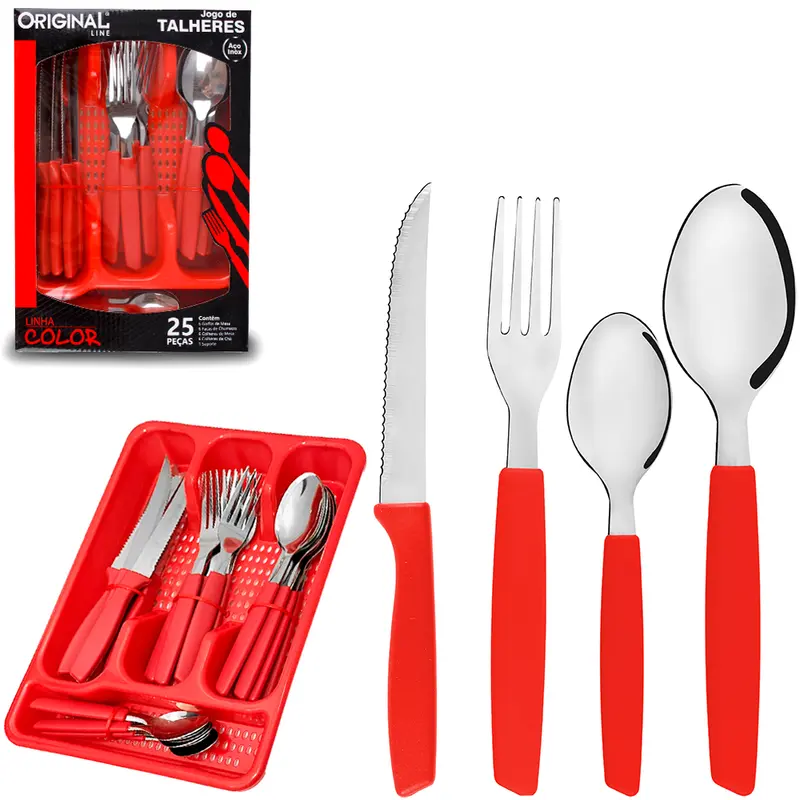 CONJUNTO DE TALHERES / FAQUEIRO DE INOX COM 24 PECAS CABO PLASTICO + PORTA TALHER VERMELHO COLOR