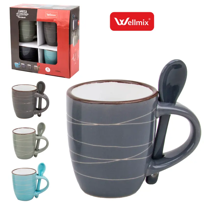 JOGO DE CANECA DE PORCELANA COM COLHER PARA CAFE / CAPPUCCINO LISTRAS 8 PECAS 100ML NA CAIXA