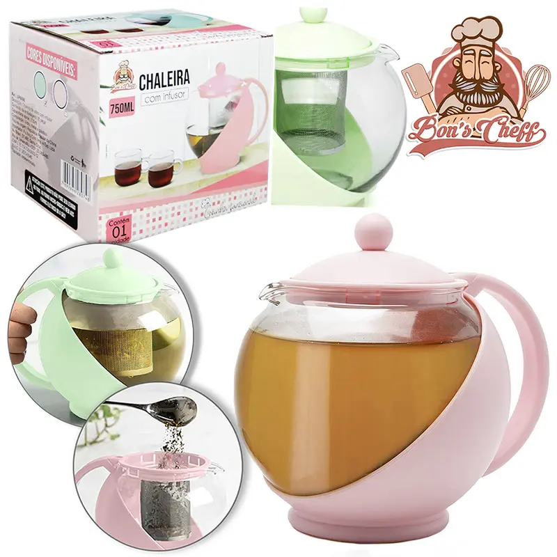 CHALEIRA DE VIDRO COM INFUSOR 750ML COLORS NA CAIXA BONS CHEFF