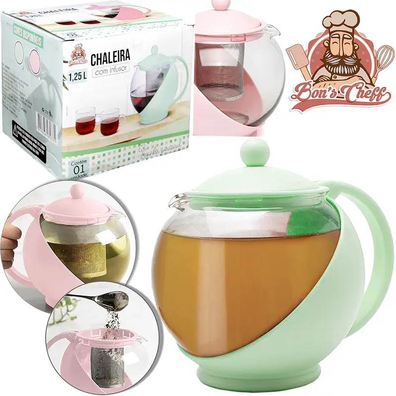 CHALEIRA DE VIDRO COM INFUSOR 1250ML COLORS NA CAIXA BONS CHEFF