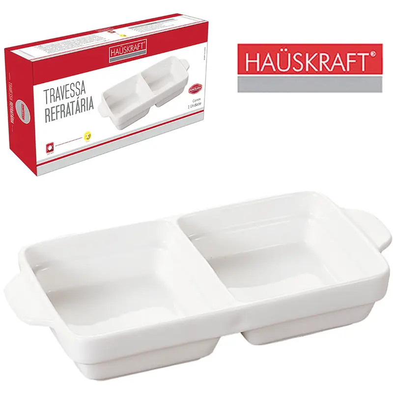 TRAVESSA DE PORCELANA RETANGULAR DUPLA REFRATARIA HAUSKRAFT 500ML 24,8X11,4X4,1CM