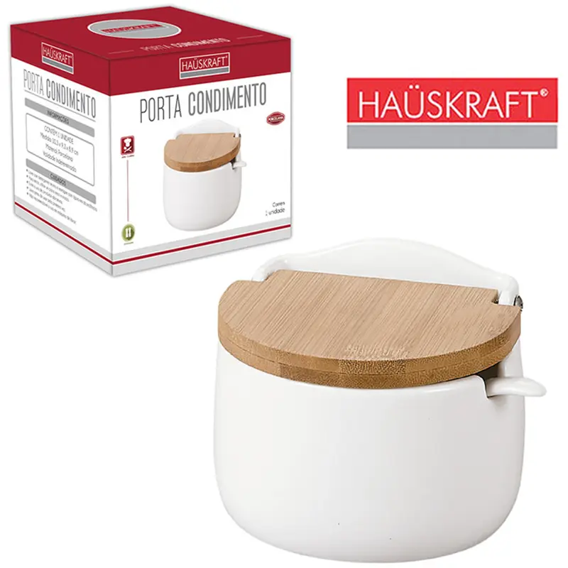 SALEIRO / PORTA CONDIMENTO DE PORCELANA COM COLHER + TAMPA DE BAMBU HAUSKRAFT 290ML