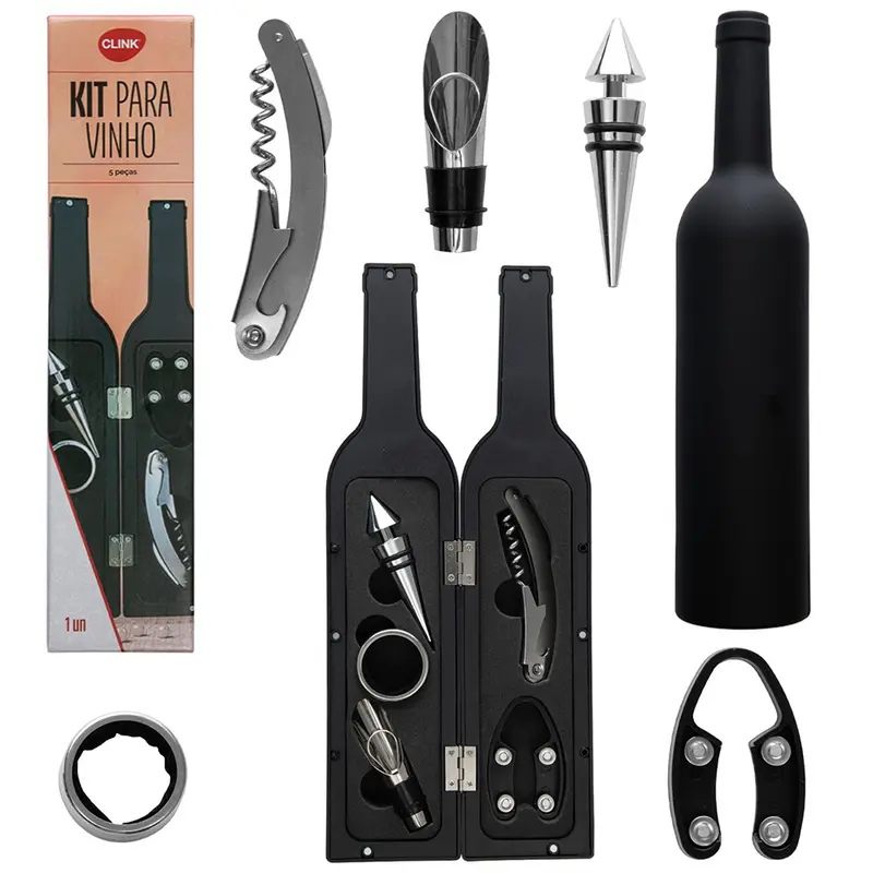 KIT PARA VINHO COM SACA ROLHA + CORTADOR LACRES E ACESSORIOS 5 PECAS NO ESTOJO GARRAFA