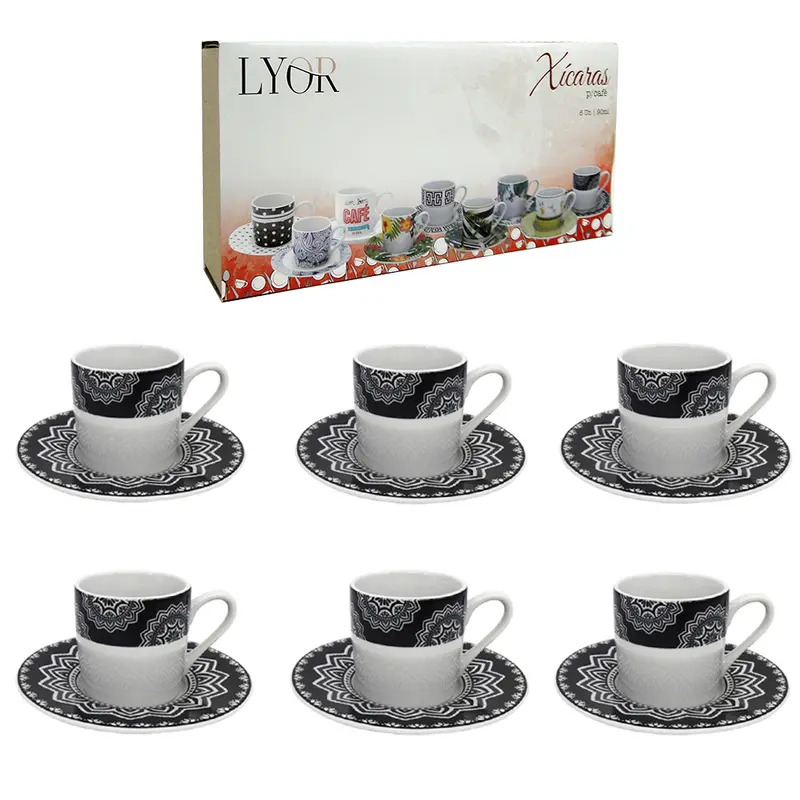JOGO DE XICARA DE PORCELANA COM PIRES PARA CAFE MANDALA 12 PECAS 90ML NA CAIXA