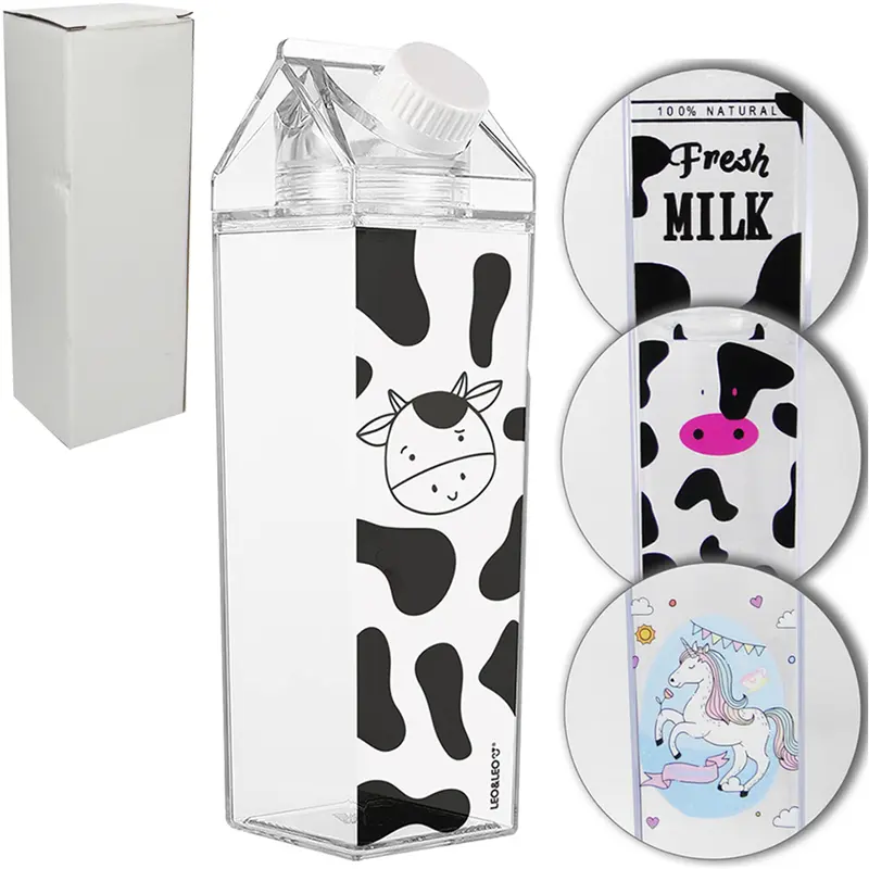 GARRAFA DE AGUA DE ACRILICO CAIXA DE LEITE ESTAMPAS SORTIDAS 500ML