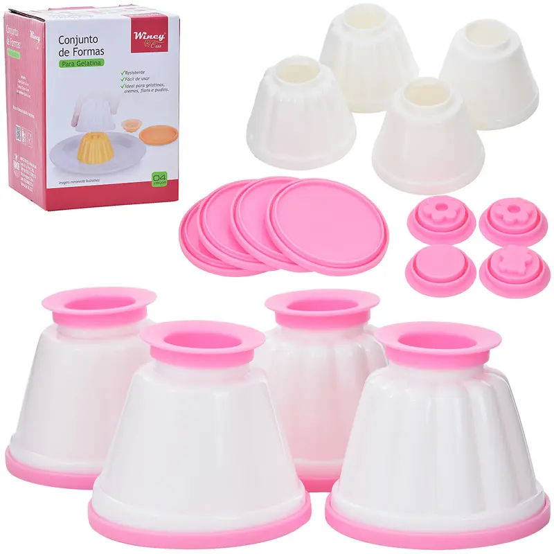 FORMA DE PLASTICO REDONDA PARA GELATINA / PUDIM COM TAMPA 4 PECAS