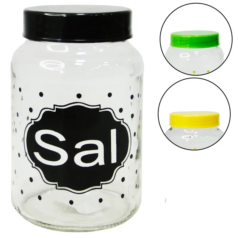 POTE DE VIDRO REDONDO SAL COM TAMPA DE PLASTICO COLORS 600ML